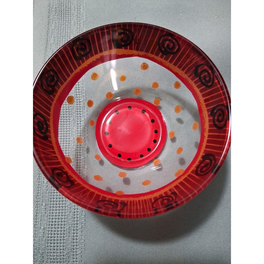 Kay young Hand Painted Glass Bowl Red Orange Polka Dot Spiral Rim Whimsical Art